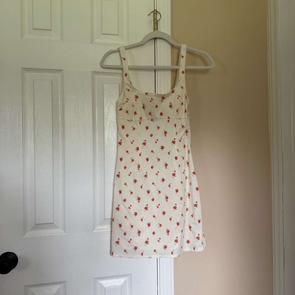 H&M White Midi Dress with Red Floral Pattern